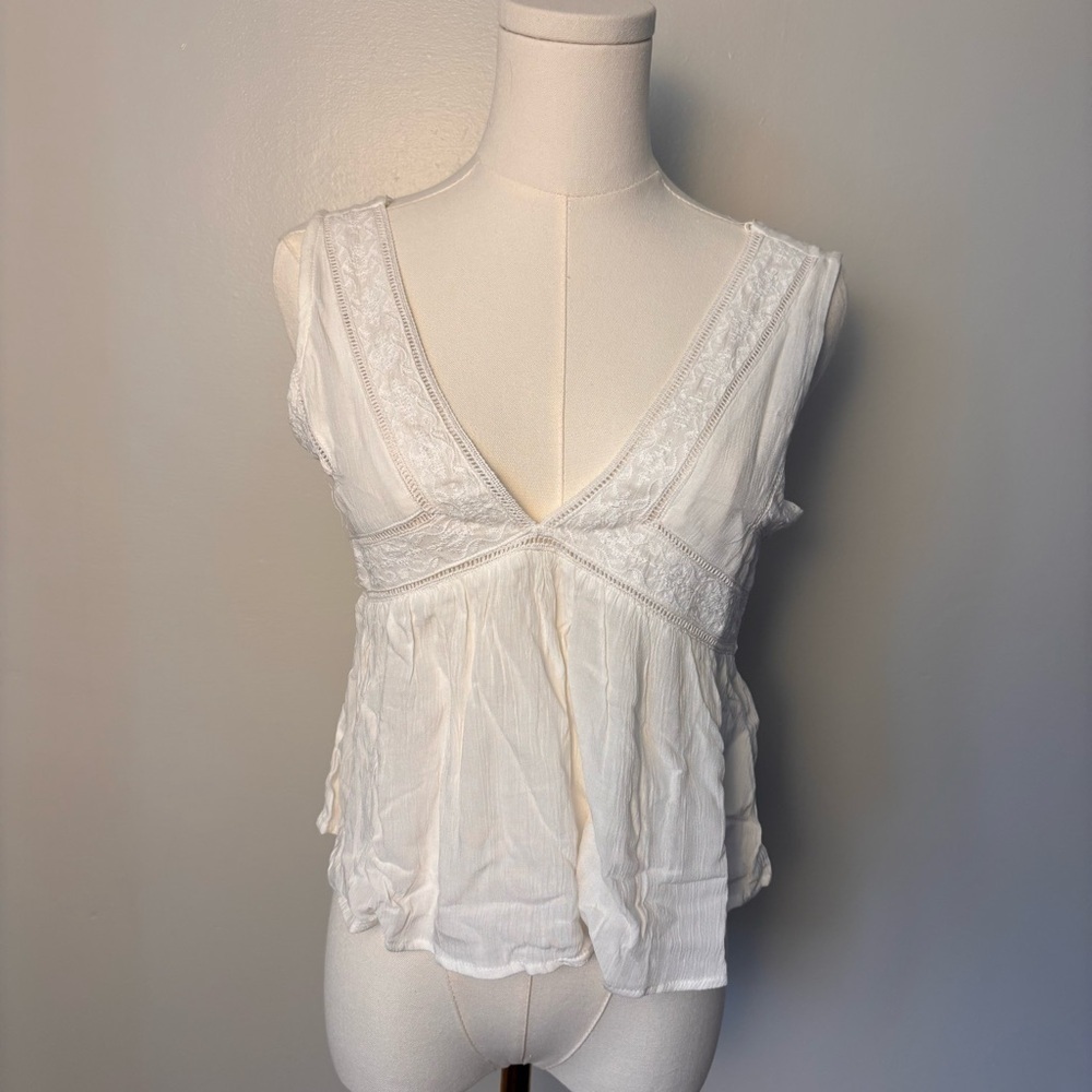 Melrose Place White Boho Babydoll Lace Trim Festival Tank Sz M